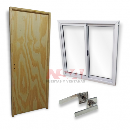 Puerta placa marco de pino + ventana de aluminio + manija biselada