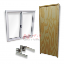 Puerta placa marco de pino + ventana de aluminio + manija biselada