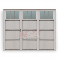 Portón de aluminio revestimiento acanalado 1/4 vidrio color blanco