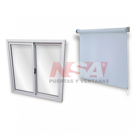 Ventana de aluminio con hojas corredizas + cortina roller blackout blanca.
