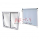Ventana de aluminio con hojas corredizas + cortina roller blackout blanca.