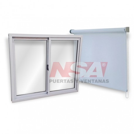 Ventana de aluminio con hojas corredizas + cortina roller blackout blanca.