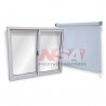 Ventana de aluminio con hojas corredizas + cortina roller blackout blanca.