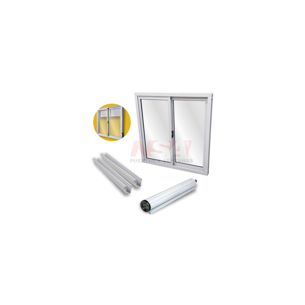 Ventana de aluminio + guía para ventana + cortina de enrollar de PVC