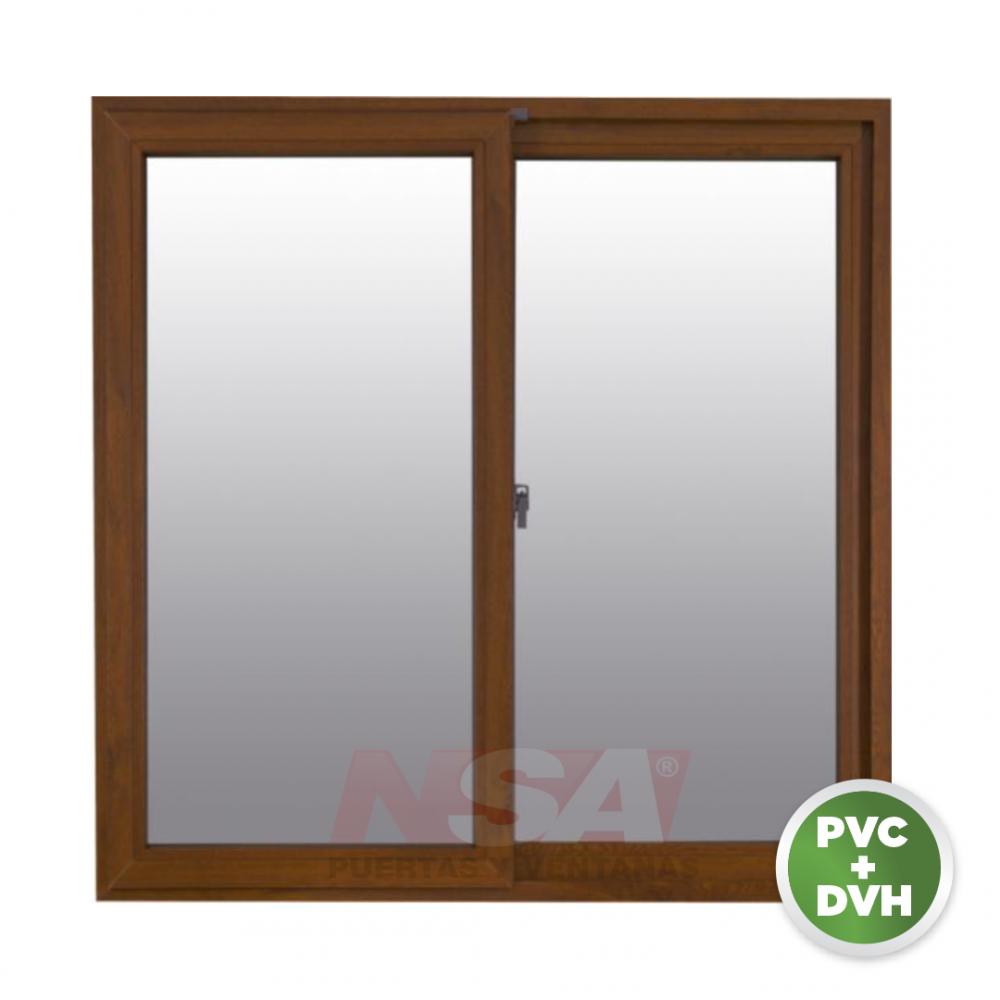 Ventana de pvc de 1,00 x 1,00 color nogal con vidrio de DVH.