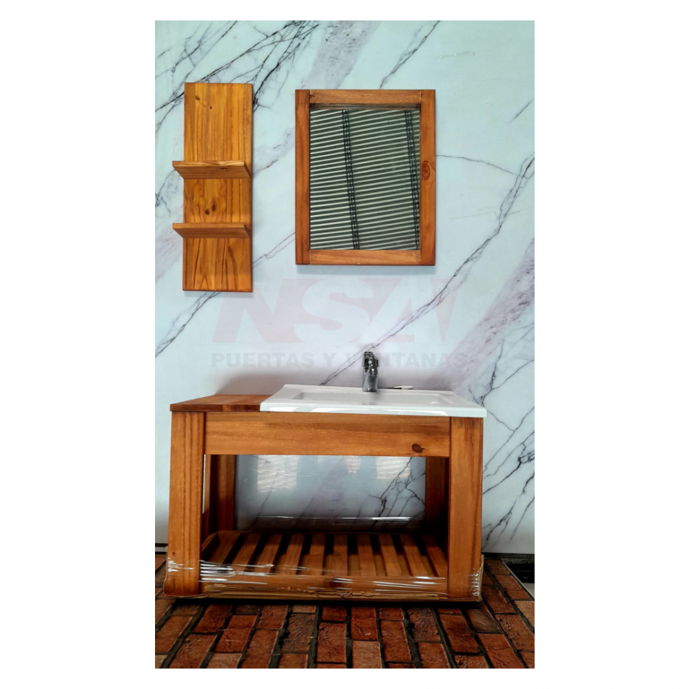 Kit vanitory colgante con bacha de pvc, estante, espejo y grifería.