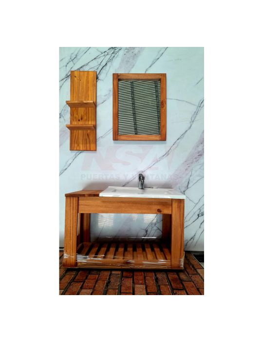 Kit vanitory colgante con bacha de pvc, estante, espejo y grifería.