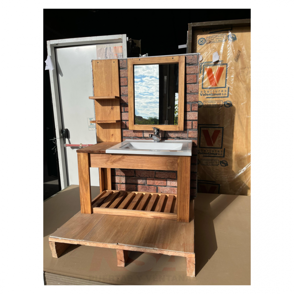 Kit vanitory colgante con bacha de pvc, estante, espejo y grifería.