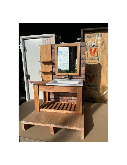 Kit vanitory colgante con bacha de pvc, estante, espejo y grifería.