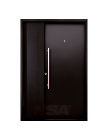 Puerta y media residencial de chapa inyectada Linea Galva negra con barral de acero.