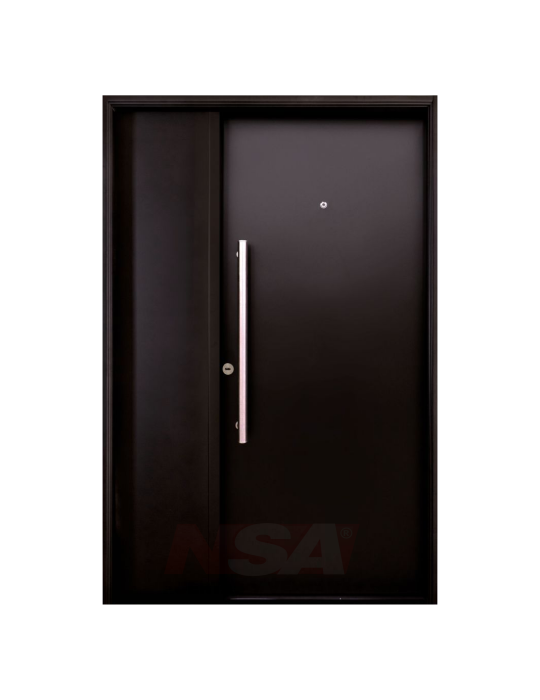 Puerta y media residencial de chapa inyectada Linea Galva negra con barral de acero.