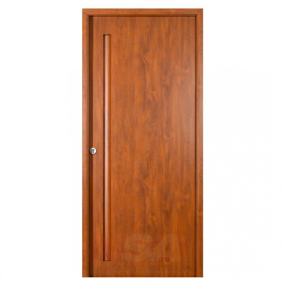 Puerta de chapa inyectada Linea Design modelo barral oculto terminación simil madera Roble dorado.