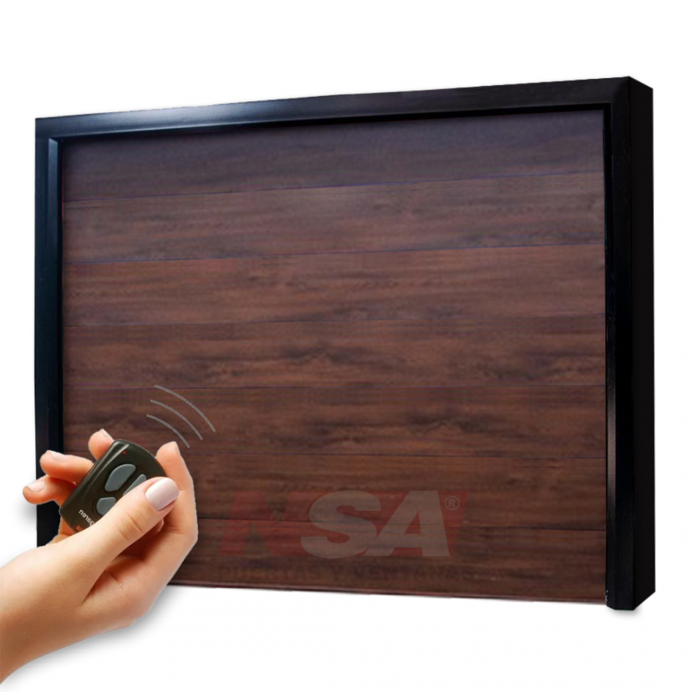 Portón levadizo automático simil madera nogal