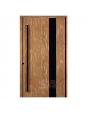 Puerta de exterior Pivotante Linea Tekna de Oblak Mod. 1327 color Roble Natural con aplique negro.