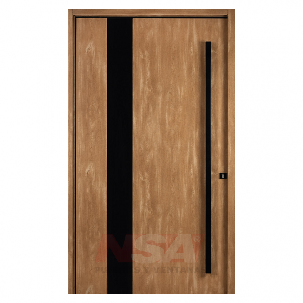 Puerta de exterior Pivotante Linea Tekna de Oblak Mod. 1327 color Roble Natural con aplique negro.