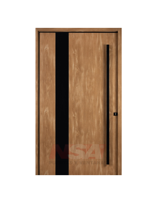 Puerta de exterior Pivotante Linea Tekna de Oblak Mod. 1327 color Roble Natural con aplique negro.